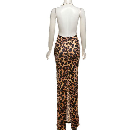 Leopard print halter deep v neck slit maxi dress