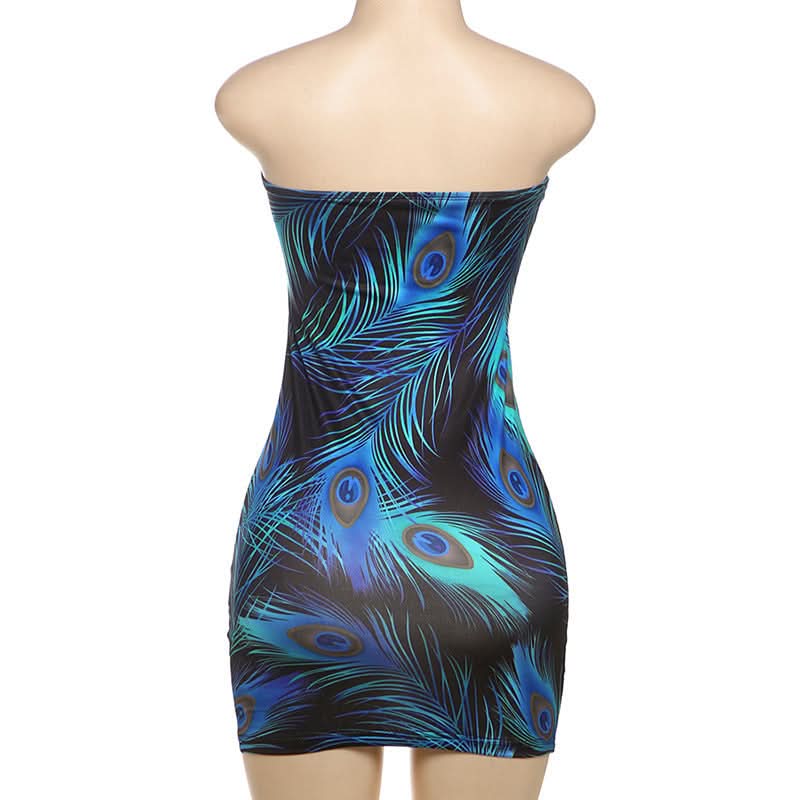 Backless feather print contrast tube mini dress