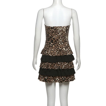 Leopard print hollow out ruffle tube cut out mini dress