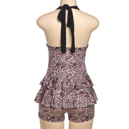 V neck halter self tie Leopard print lace romper