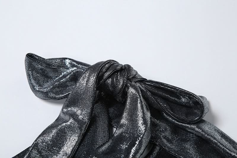 Cowl neck self tie metallic solid maxi dress