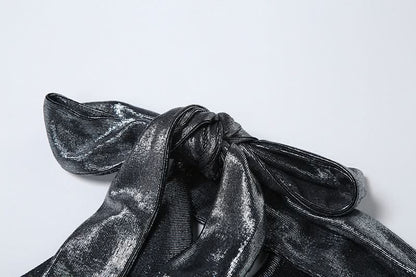 Cowl neck self tie metallic solid maxi dress