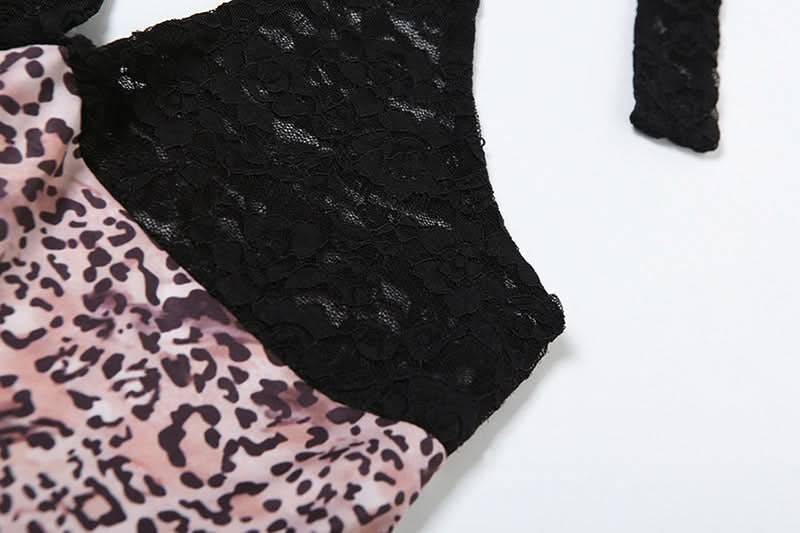 V neck halter self tie Leopard print lace romper