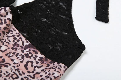 V neck halter self tie Leopard print lace romper