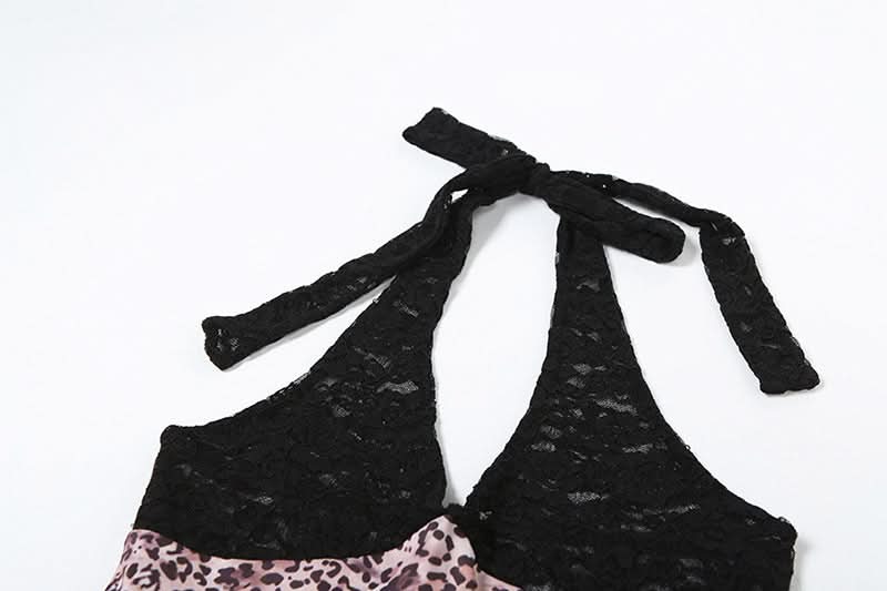 V neck halter self tie Leopard print lace romper