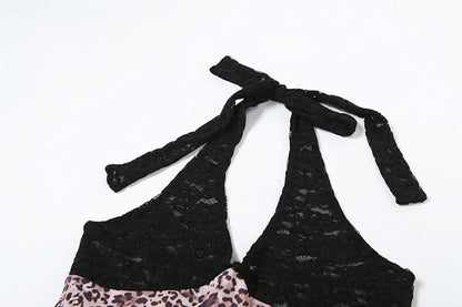 V neck halter self tie Leopard print lace romper