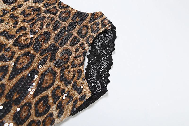 Glitter leopard print lace hem crewneck top