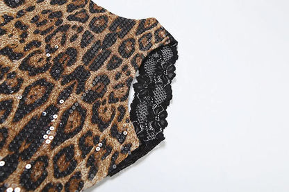 Glitter leopard print lace hem crewneck top