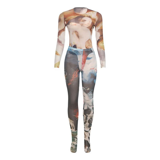 Long sleeve crewneck print mesh pant set