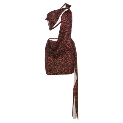 Irregular hollow out leopard print cut out mini dress