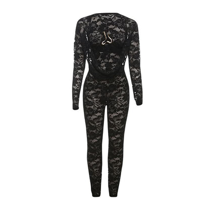 Long sleeve lace hollow out see through jumpsuit