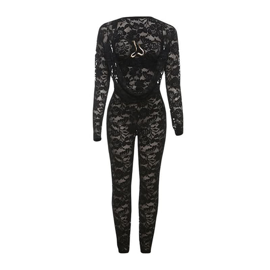 Long sleeve lace hollow out see through jumpsuit