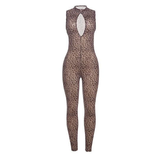Hollow out zip-up leopard print crewneck jumpsuit