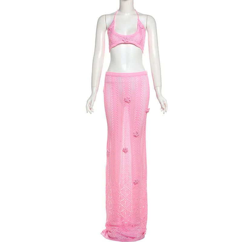 Halter self tie flower applique u neck maxi skirt set
