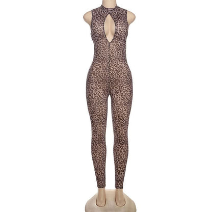 Hollow out zip-up leopard print crewneck jumpsuit
