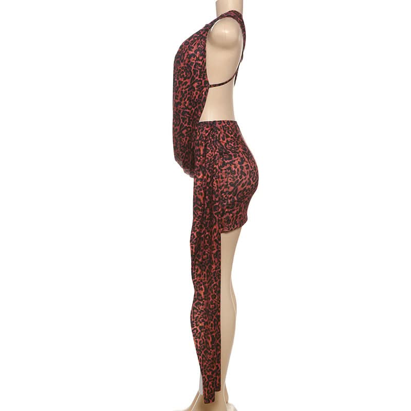 Irregular hollow out leopard print cut out mini dress