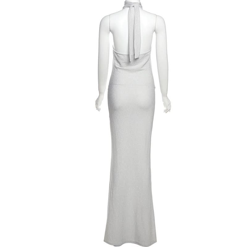 Halter u neck self tie backless maxi dress