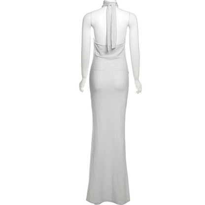 Halter u neck self tie backless maxi dress