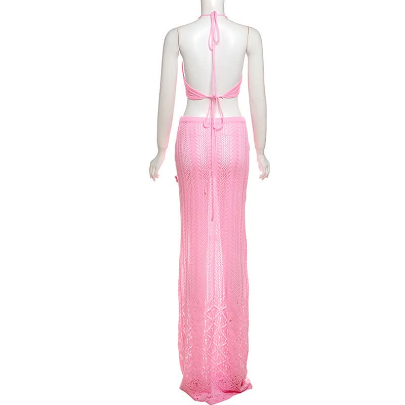 Halter self tie flower applique u neck maxi skirt set