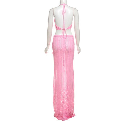 Halter self tie flower applique u neck maxi skirt set