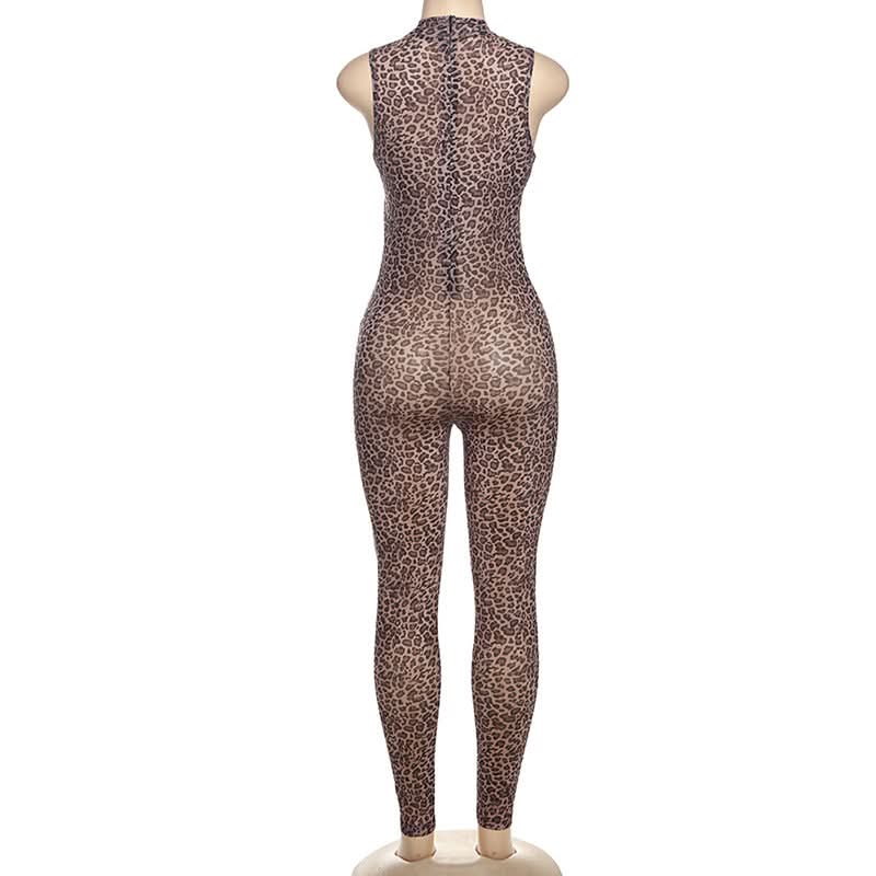 Hollow out zip-up leopard print crewneck jumpsuit