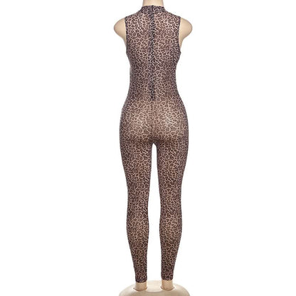 Hollow out zip-up leopard print crewneck jumpsuit