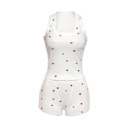 Square neck heart print ribbed pant set