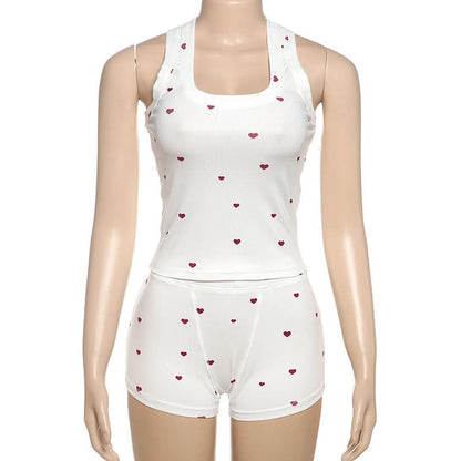 Square neck heart print ribbed pant set