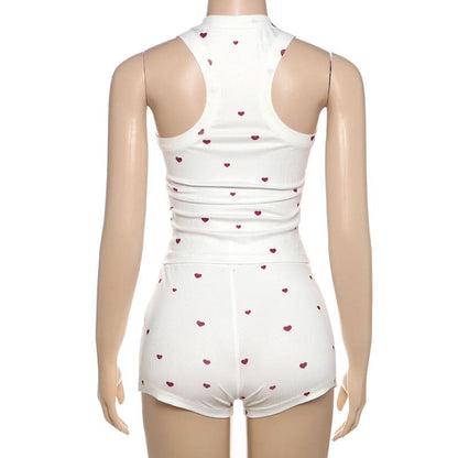 Square neck heart print ribbed pant set