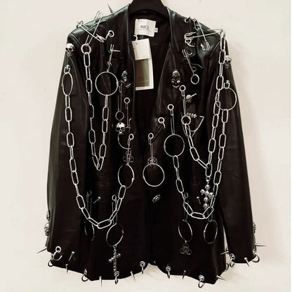 Long sleeve PU leather metal chain skull applique top