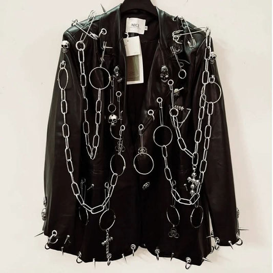Long sleeve PU leather metal chain skull applique top
