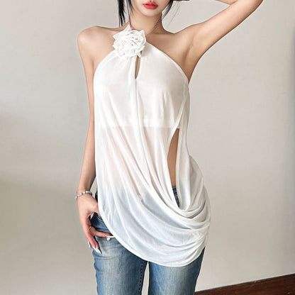 Halter hollow out flower applique irregular cut out top