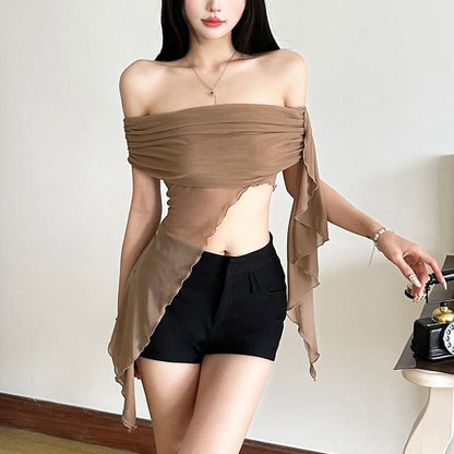Off shoulder irregular mesh ruched crop top