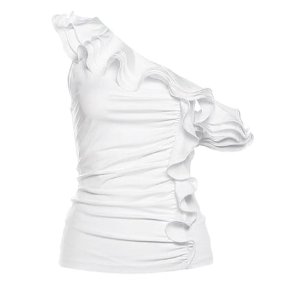 One shoulder ruffle irregular ruched solid top