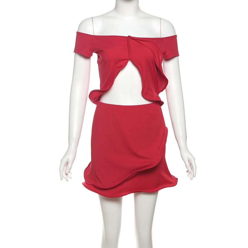 Off shoulder ribbed ruffle irregular mini skirt set