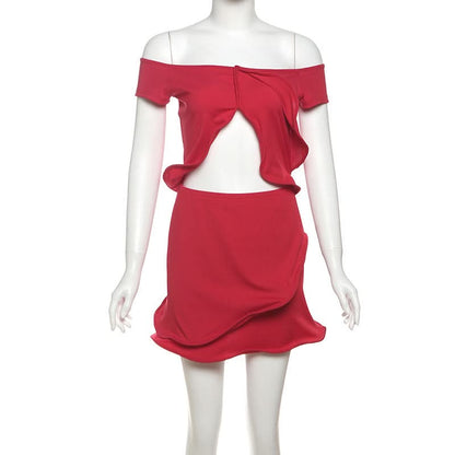 Off shoulder ribbed ruffle irregular mini skirt set