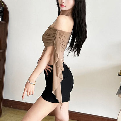 Off shoulder irregular mesh ruched crop top