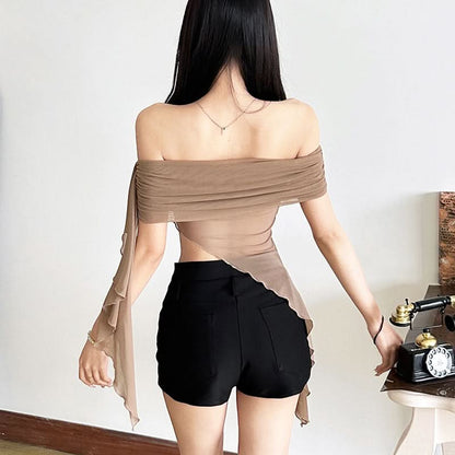 Off shoulder irregular mesh ruched crop top