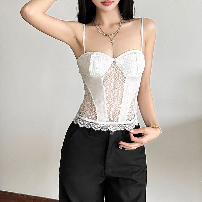 Lace hem v neck mesh backless cami top