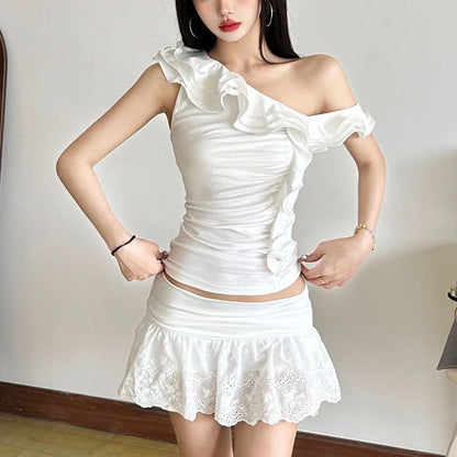 One shoulder ruffle irregular ruched solid top