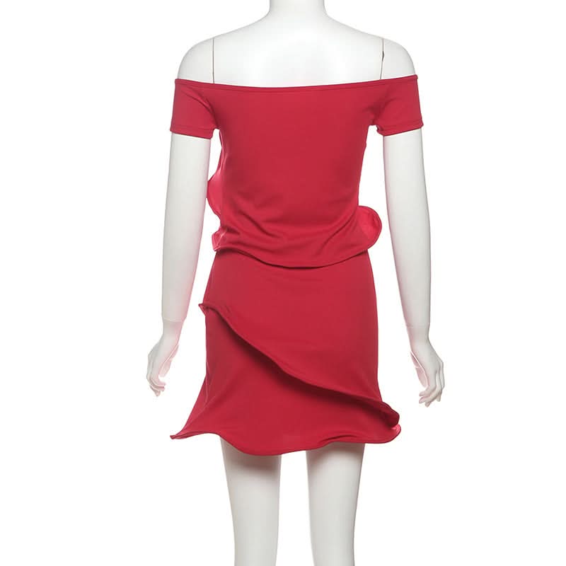 Off shoulder ribbed ruffle irregular mini skirt set