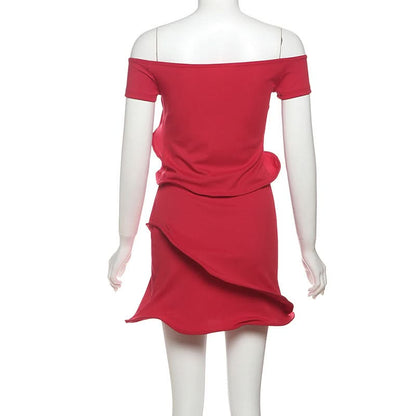 Off shoulder ribbed ruffle irregular mini skirt set