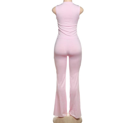 Crewneck heart hollow out ruched pant set