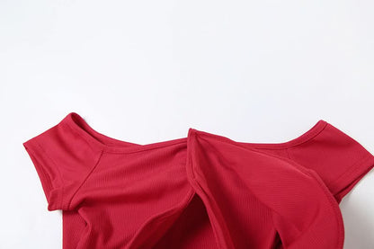 Off shoulder ribbed ruffle irregular mini skirt set