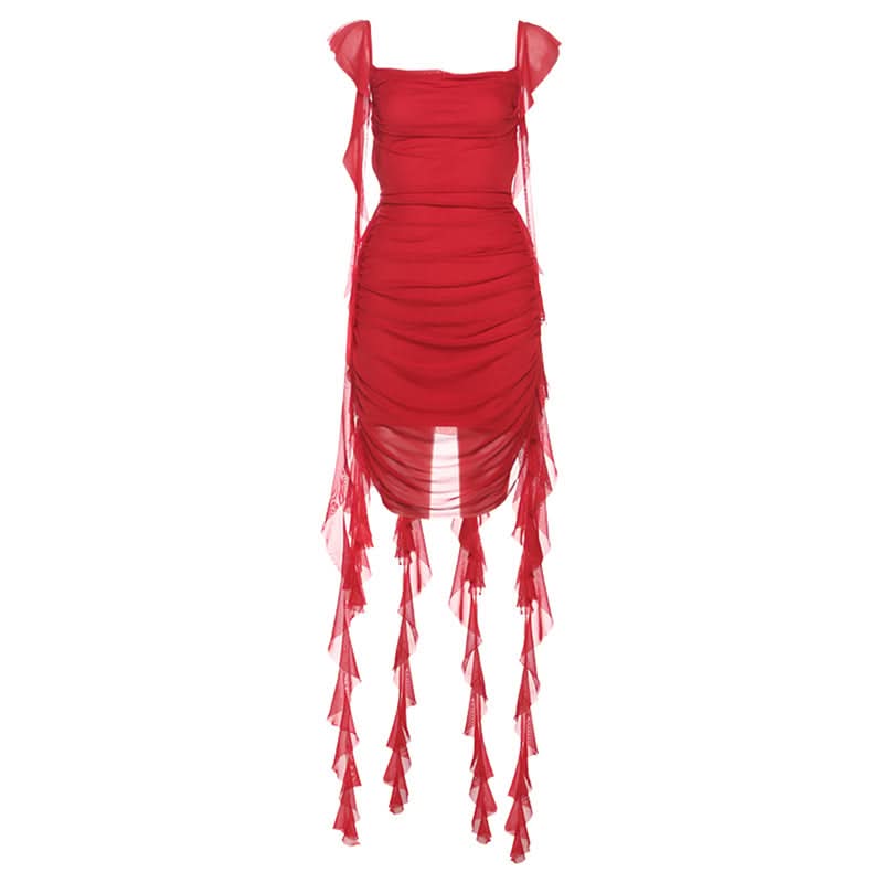 Square neck ruched mesh backless mini dress