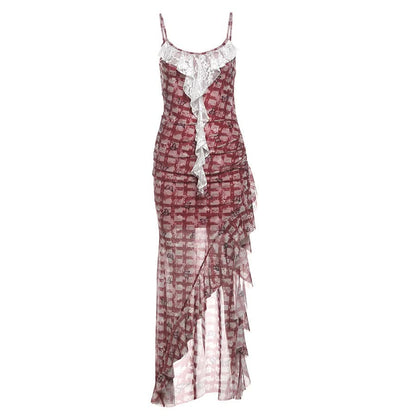 Plaid slit lace hem u neck butterfly print midi dress