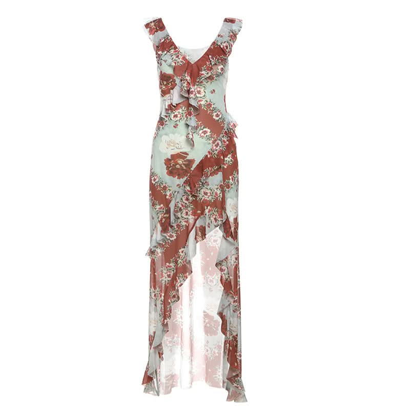 Irregular slit v neck flower print midi dress
