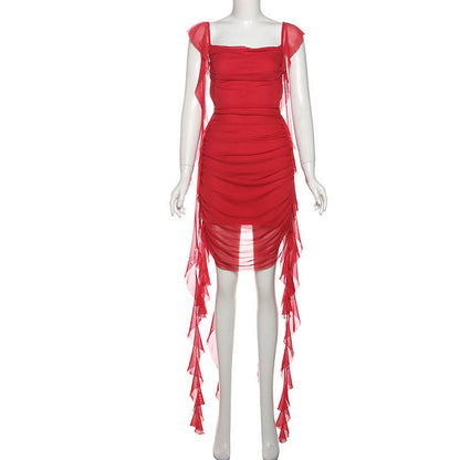 Square neck ruched mesh backless mini dress