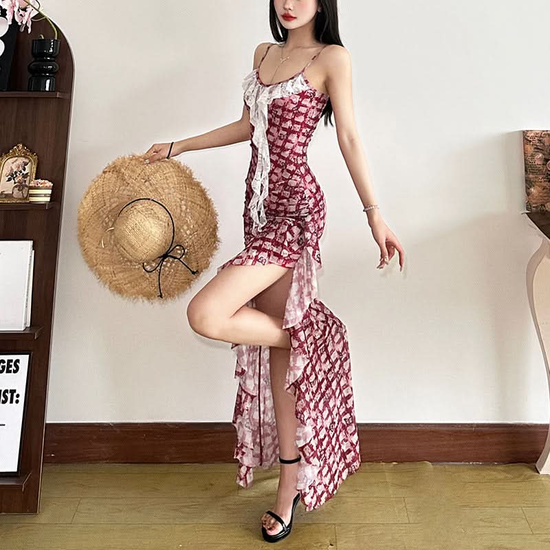 Plaid slit lace hem u neck butterfly print midi dress