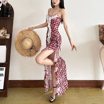 Plaid slit lace hem u neck butterfly print midi dress